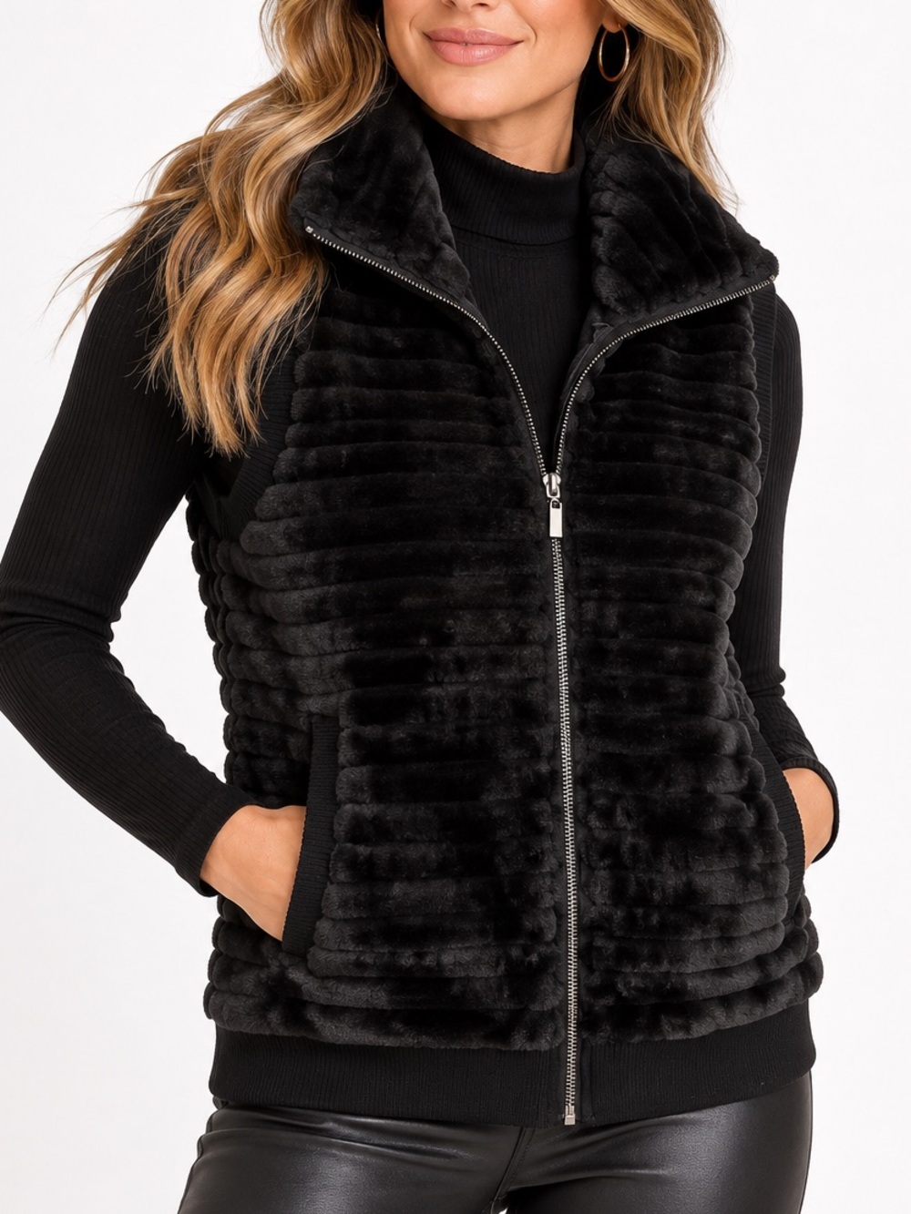Cable & Gauge Black Faux Fur Ribbed Zip Vest High Collar Cozy Winter Size Med